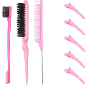 Set styling capelli rosa con pettine a coda, spazzola di setole e clip a coccodrillo