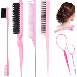 Set styling capelli rosa con spazzola per cotonare, pettine a coda e pennello per bordi