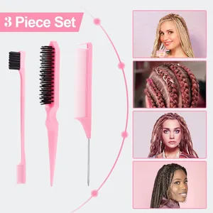 Set de 3 peines de peinado rosa con cepillo de bordes y peine de cola metálica
