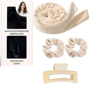 Set boucleur sans chaleur beige avec ruban en velours chouchous et pince à cheveux