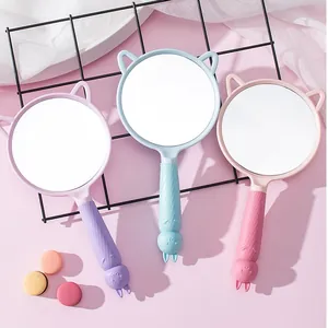 Three-piece set of cartoon rabbit and cat ear handheld mirrors in pastel colors