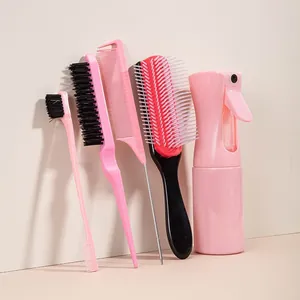 Kit Outils de Coiffure Rose Professionnel Brosse Démêlante 9 Rangs Peigne à Queue de Rat Flacon Vaporisateur Vide Femme