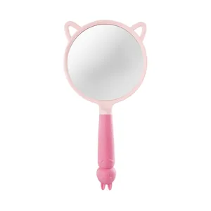 Pink cartoon cat-ear hand mirror with spiral anti-slip handle and cute bunny decor