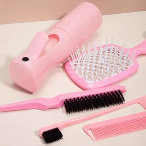 Kit de coiffure rose 5 pièces avec flacon vaporisateur et brosses professionnelles