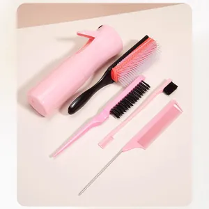Set de coiffure rose 5 pièces avec vaporisateur, brosse 9 rangs et peignes à queue pro