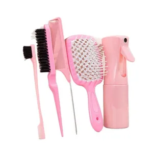 Set de 5 outils de coiffure roses avec vaporisateur et divers peignes professionnels