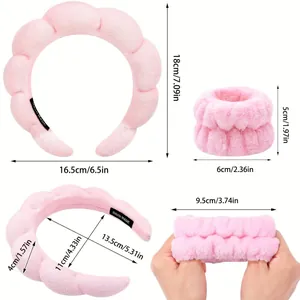 Pink microfiber spa headband and wristband set with precise size dimensions shown