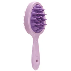 Purple long handle scalp massager and hair scrubbing brush with soft silicone bristles