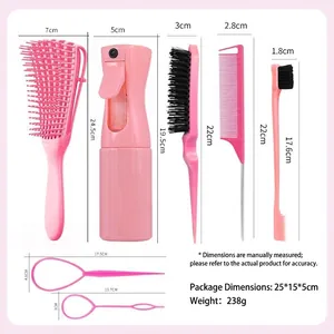 Vue détaillée de l'ensemble de 7 outils de coiffure roses avec dimensions précises