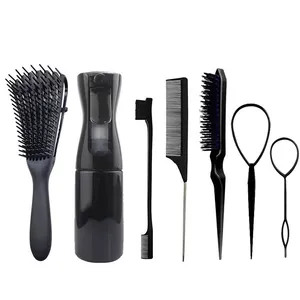 Kit de coiffure 7 pièces noir avec flacon pulvérisateur, peignes et brosse à bords