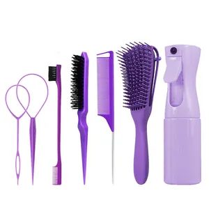 Vue détaillée d'un ensemble de 7 outils de coiffure violets avec vaporisateur
