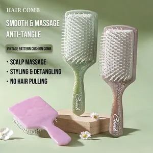 Vintage floral square air cushion massage hairbrushes in green, brown, and pink