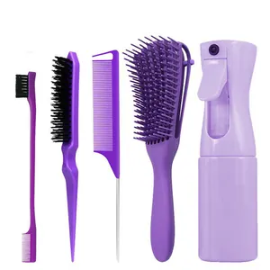 Set de coiffage violet 5 pièces avec brosse démêlante, peigne à queue et vaporisateur