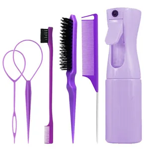 Détail du kit de coiffure violet comprenant un vaporisateur et divers peignes