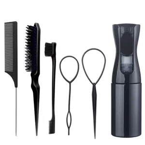 Kit de 6 outils de coiffure professionnels noirs avec vaporisateur et peignes divers