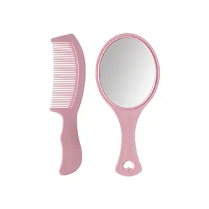Set portátil de espejo y peine rosa para niños con diseño de mango en forma de corazón