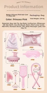 Detailed size chart and weight table for the 11-piece pink beauty and hair care set