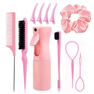 Kit de coiffure rose 11 pièces avec vaporisateur, brosse démêlante et peigne à queue professionnel