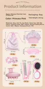 Pink 8-piece hair care set details with sleep mask, satin cap, and brushes