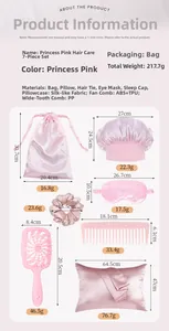 Detailed view of pink hair care set including silk eye mask, pillowcase and hair combs