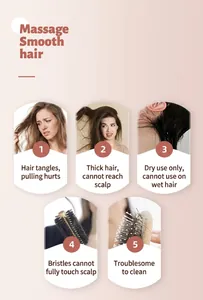 Infographic showing tangle-free, wet-dry use, and scalp massage features of the hair brush