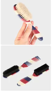 Detailansicht des Friseur-Sets mit rot-weiß-blau gestreiften Griffen im Vintage-Stil