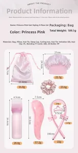Pink 9-piece hair care set details including sleep mask, cap, and massage comb specs