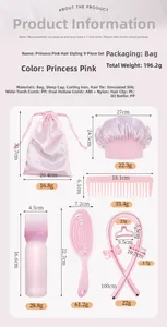 Detailed pink hair care set featuring silk sleep cap, combs, and styling accessories