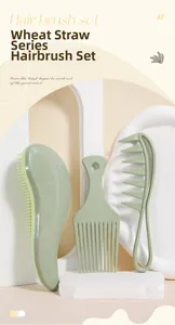 Three-piece wheat straw hair brush set including detangling, styling, and wide-tooth combs