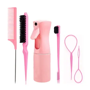 Set de coiffure rose 6 pièces avec flacon vaporisateur, peignes et outils à boucles
