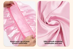 Detail of pink satin sleep cap featuring elastic headband and breathable silky texture