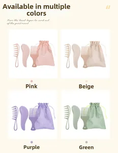 Detail view of wheat straw hair comb set including wide tooth comb and storage bag in four colors