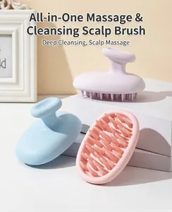 Detail view of colorful silicone scalp massager brushes with ergonomic handles on white stands