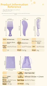 Size chart showing wheat straw hair brush dimensions and purple linen travel bag specs