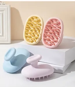Macro detail of silicone scalp massage brushes in assorted pastel macaron colors