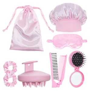 Pink Hair Care Kit Satin Sleep Cap Eye Mask Hair Brushes Scalp Massager Collection For Women Home Travel Hair Care Combination
