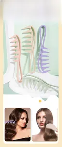 Detail of wide-tooth wheat straw hair combs in pink beige purple and green colors