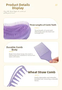Detail view of purple wheat straw hair comb set including wide-tooth and detangling brushes