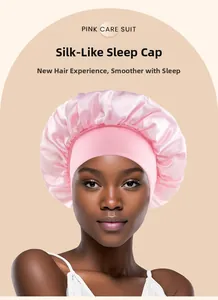 Pink silk satin sleep bonnet with elastic wide band for hair protection and night care
