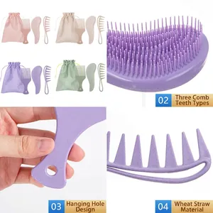 Eco-friendly wheat straw hair brush set with 3 combs and a drawstring bag for scalp massage