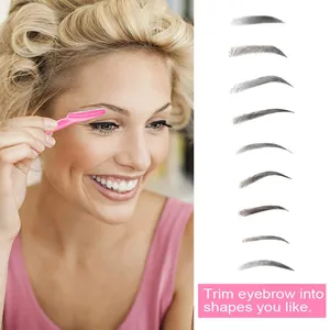Detail showing pink eyebrow razor trimming brow with various eyebrow style templates