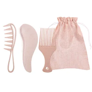 Eco-friendly wheat straw hair brush set with pink travel bag and detangling combs