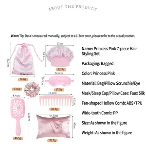 7-piece princess pink hair care set including sleep mask, cap, and massage combs