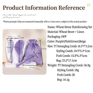 Eco-friendly wheat straw hair brush set specifications including detangler and comb sizes
