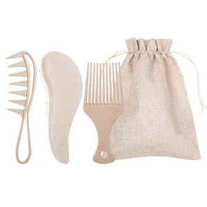 Eco-friendly wheat straw hair brush set with detangling combs and beige storage bag