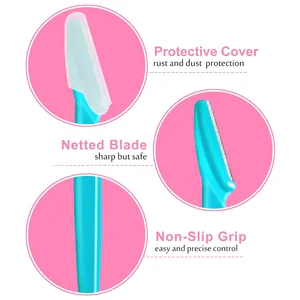 Detail of safety mesh blade with protective cap and non-slip handle for eyebrow razor