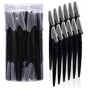 Detailed view of bulk eyebrow razors in clear storage jar with protective covers
