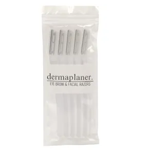 Five-piece dermaplaner set with stainless steel safety blades in a clear pouch