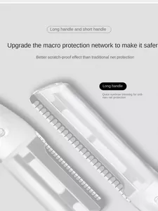 Macro view of eyebrow razor with safety macro protection network and long handle