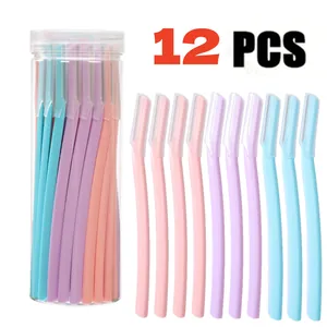 12 PCS eyebrow razor set with safety guard in pink purple and blue with storage tube